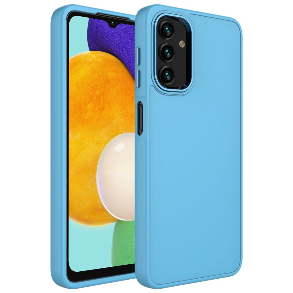Samsung Galaxy A04 Kılıf Metal Çerçeveli Hassas Butonlu Renkli İçi Kadife Lansman Kapak (LUNA) Sierra Mavi