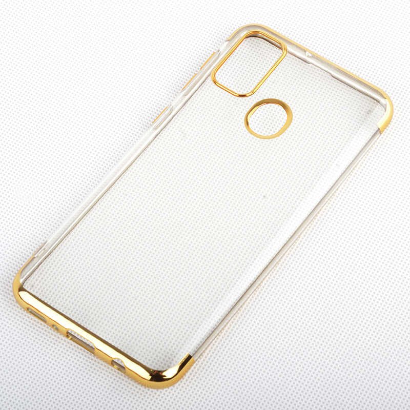 Samsung Galaxy M21 Kılıf Dört Köşe Renkli Lazer Şeffaf Silikon Kapak (GLİTTER) Gold
