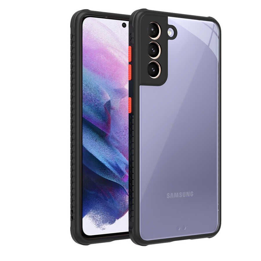 Samsung Galaxy S21 Kılıf Köşe Ve Kamera Korumalı Arkası Şeffaf Renkli Tuşlu Kapak (KAFF) Siyah
