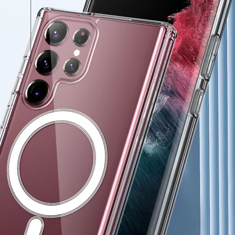 Samsung Galaxy S23 Ultra Kılıf Magsafe Wireless Şarj Destekli Sert Şeffaf Darbe Emici Kapak (EMBOS) Renksiz