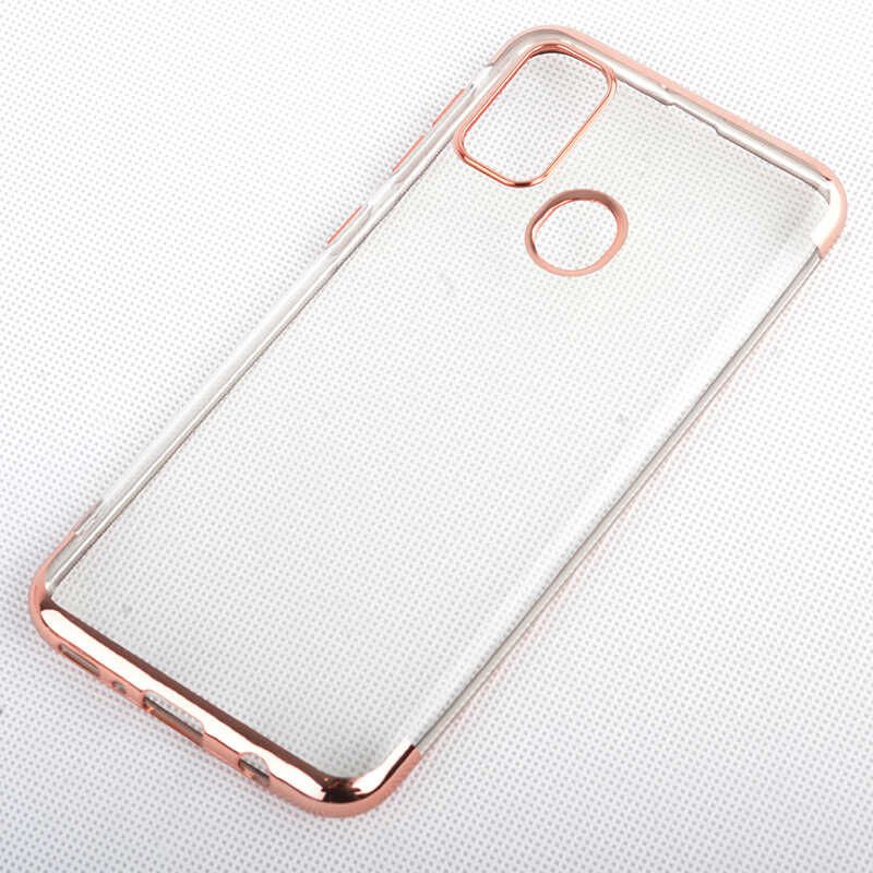 Samsung Galaxy M21 Kılıf Dört Köşe Renkli Lazer Şeffaf Silikon Kapak (GLİTTER) Rose Gold