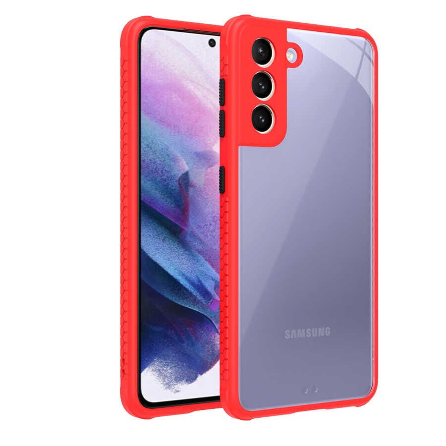 Samsung Galaxy S21 Kılıf Köşe Ve Kamera Korumalı Arkası Şeffaf Renkli Tuşlu Kapak (KAFF) Kırmızı