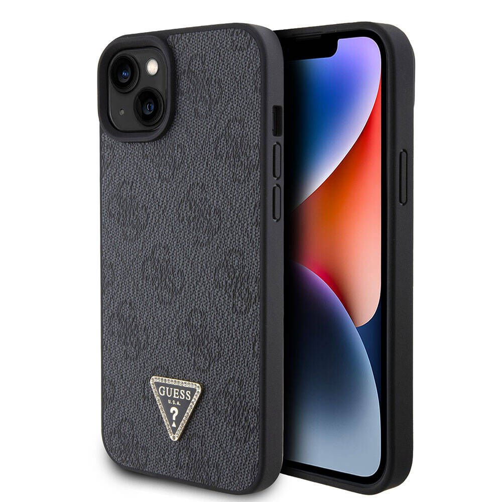 Apple iPhone 15 Kılıf Guess Orjinal Lisanslı PU Deri Taşlı Üçgen Logo 4G Desenli Strass Kapak