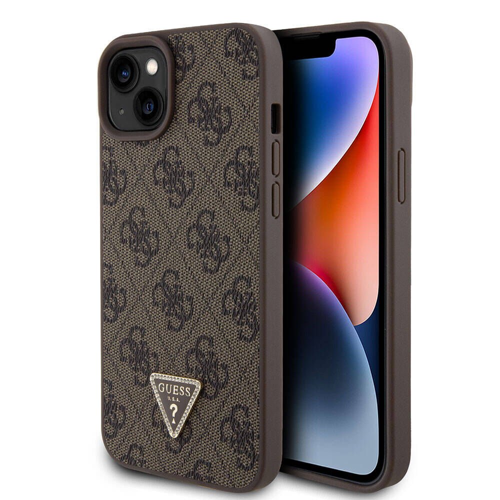 Apple iPhone 15 Plus Kılıf Guess Orjinal Lisanslı PU Deri Taşlı Üçgen Logo 4G Desenli Strass Kapak