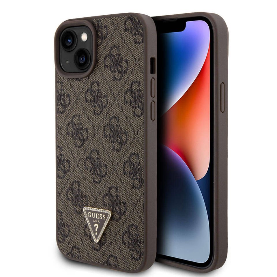 Apple iPhone 15 Plus Kılıf Guess Orjinal Lisanslı PU Deri Taşlı Üçgen Logo 4G Desenli Strass Kapak