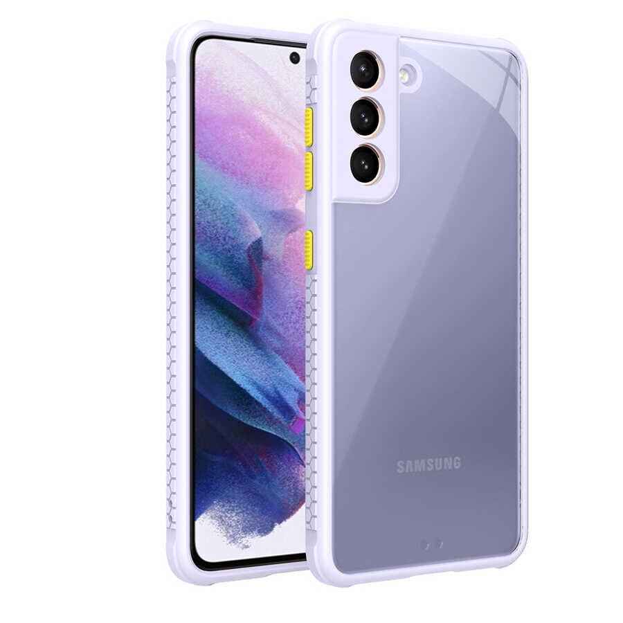 Samsung Galaxy S21 Kılıf Köşe Ve Kamera Korumalı Arkası Şeffaf Renkli Tuşlu Kapak (KAFF) Mor
