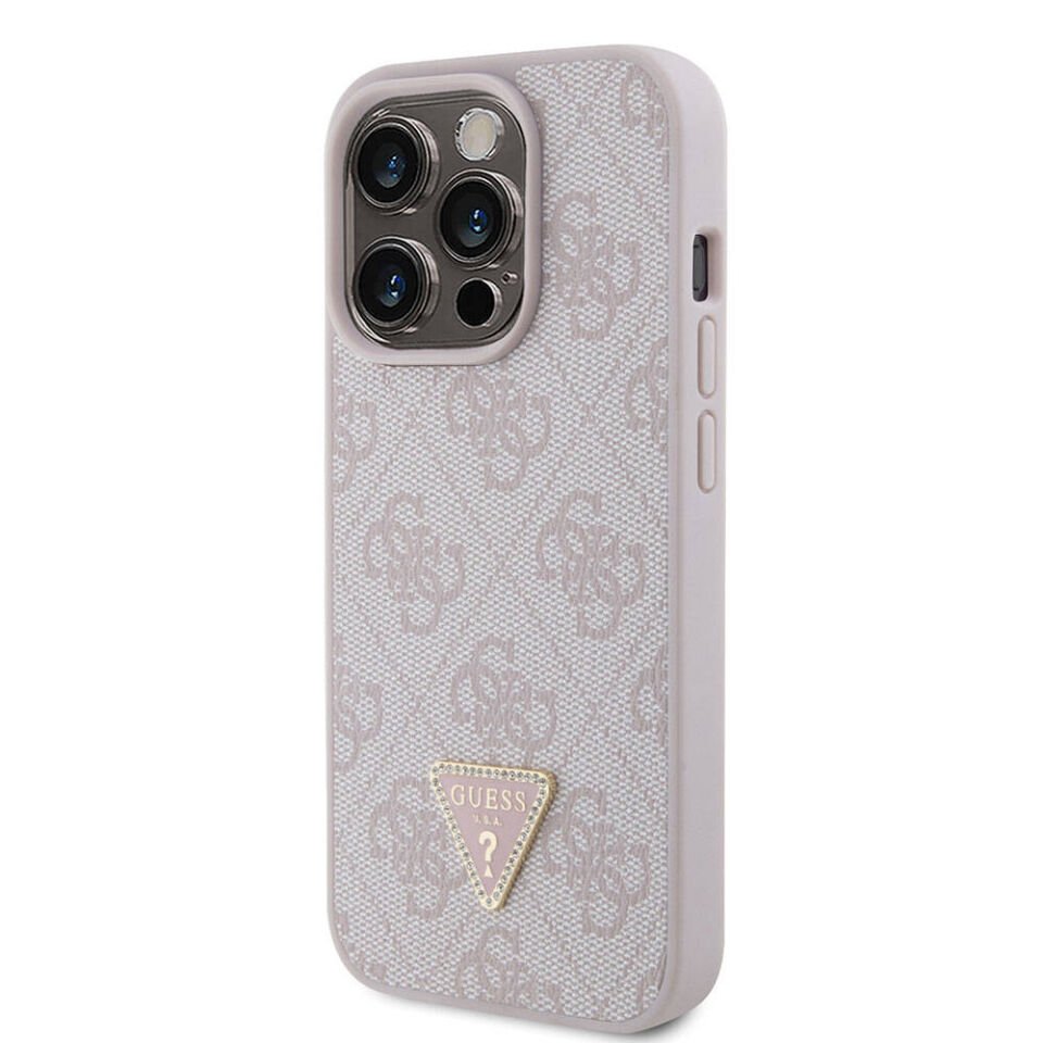 Apple iPhone 15 Pro Kılıf Guess Orjinal Lisanslı PU Deri Taşlı Üçgen Logo 4G Desenli Strass Kapak