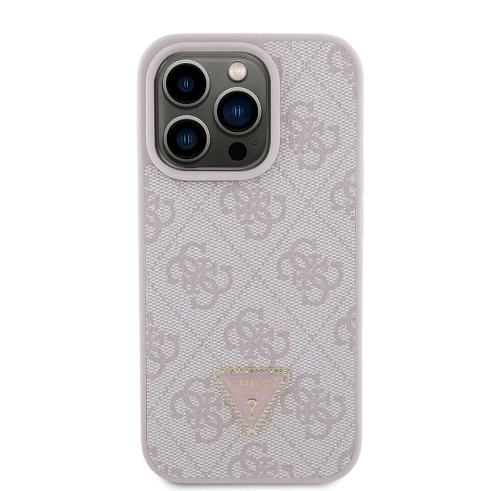 Apple iPhone 15 Pro Kılıf Guess Orjinal Lisanslı PU Deri Taşlı Üçgen Logo 4G Desenli Strass Kapak