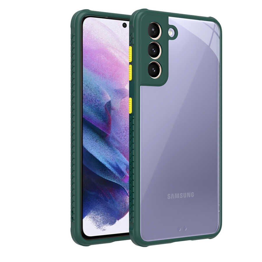 Samsung Galaxy S21 Kılıf Köşe Ve Kamera Korumalı Arkası Şeffaf Renkli Tuşlu Kapak (KAFF) Koyu Yeşil