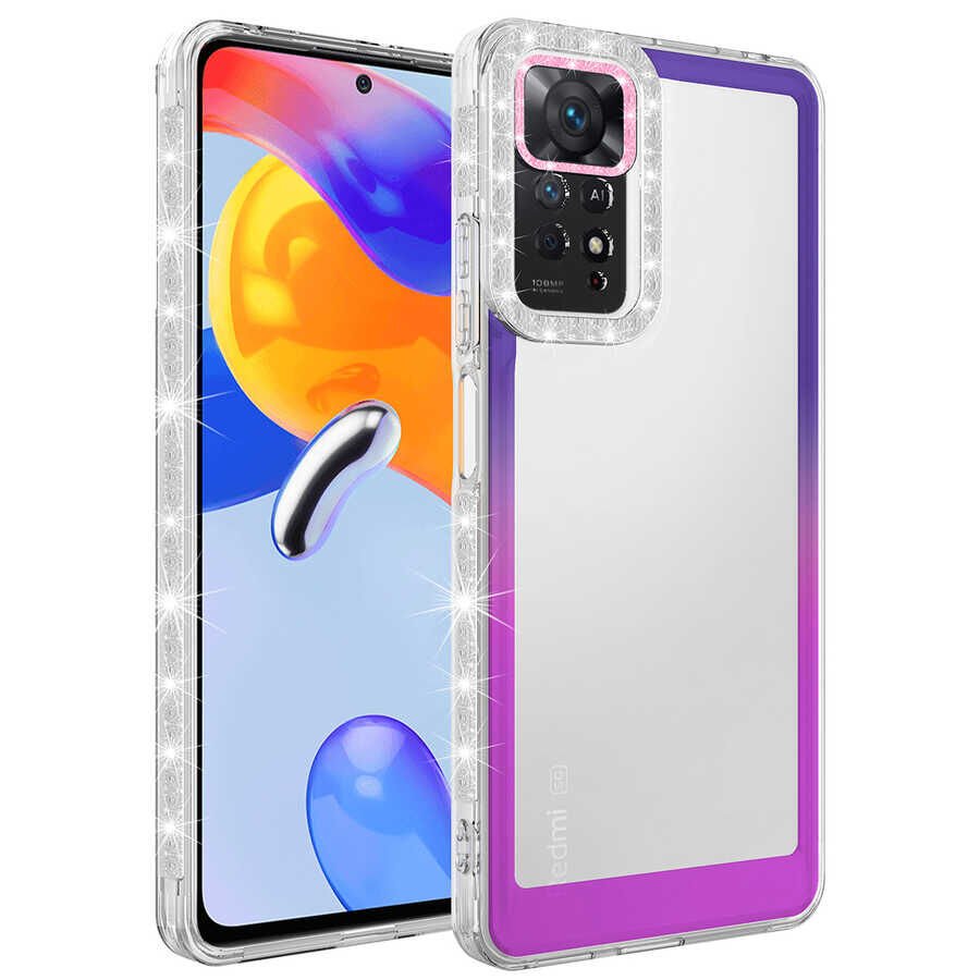Xiaomi Redmi Note 11S Global Kılıf Simli Renkli Parlak Kamera Lens Korumalı Transparan Kapak (Park) Mor-Pembe