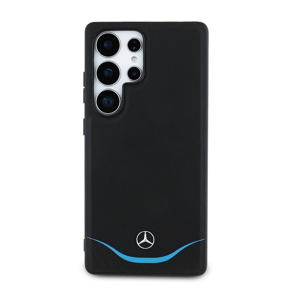 Galaxy S25 Ultra Kılıf Mercedes Benz Orjinal Lisanslı Magsafe Şarj Özellikli 3D Metal Logolu Mavi Yatay Eğri Çizgili Deri Kapak