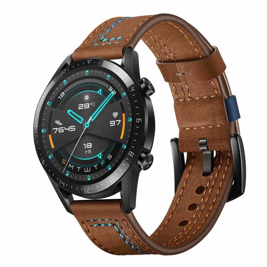 Samsung Galaxy Watch 42mm (20mm) Deri Kordon Metal Tokalı Tasarım (KRD-19) Kahverengi