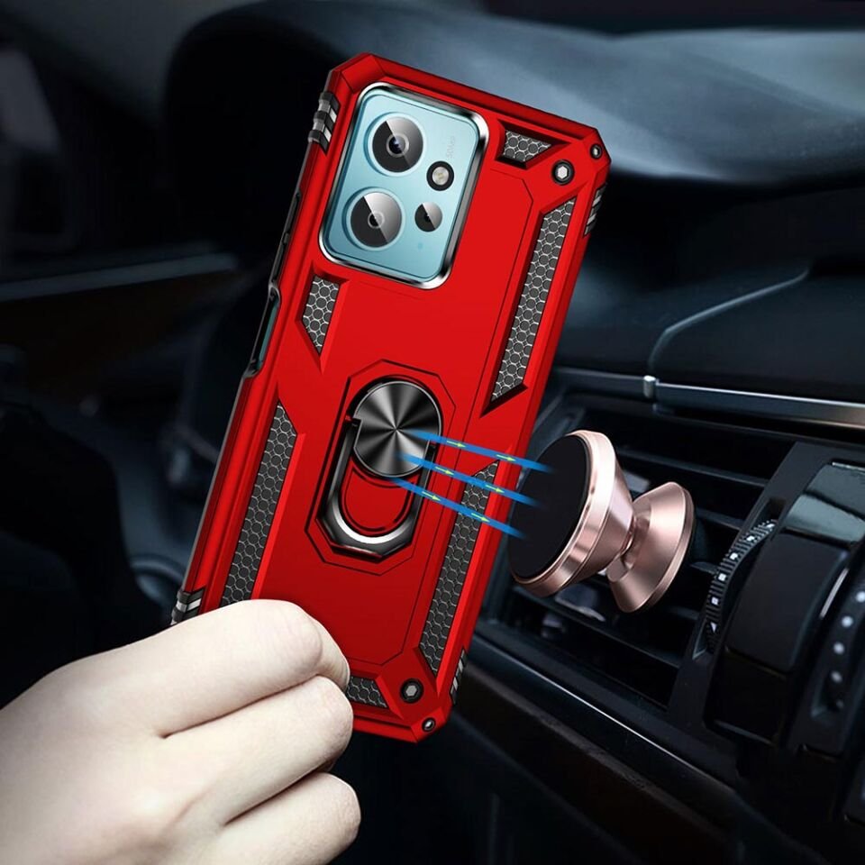 Xiaomi Redmi Note 12 4G Kılıf Tank Zırh Yüzüklü Mıknatıslı Standlı Kapak (VEGA) Kırmızı