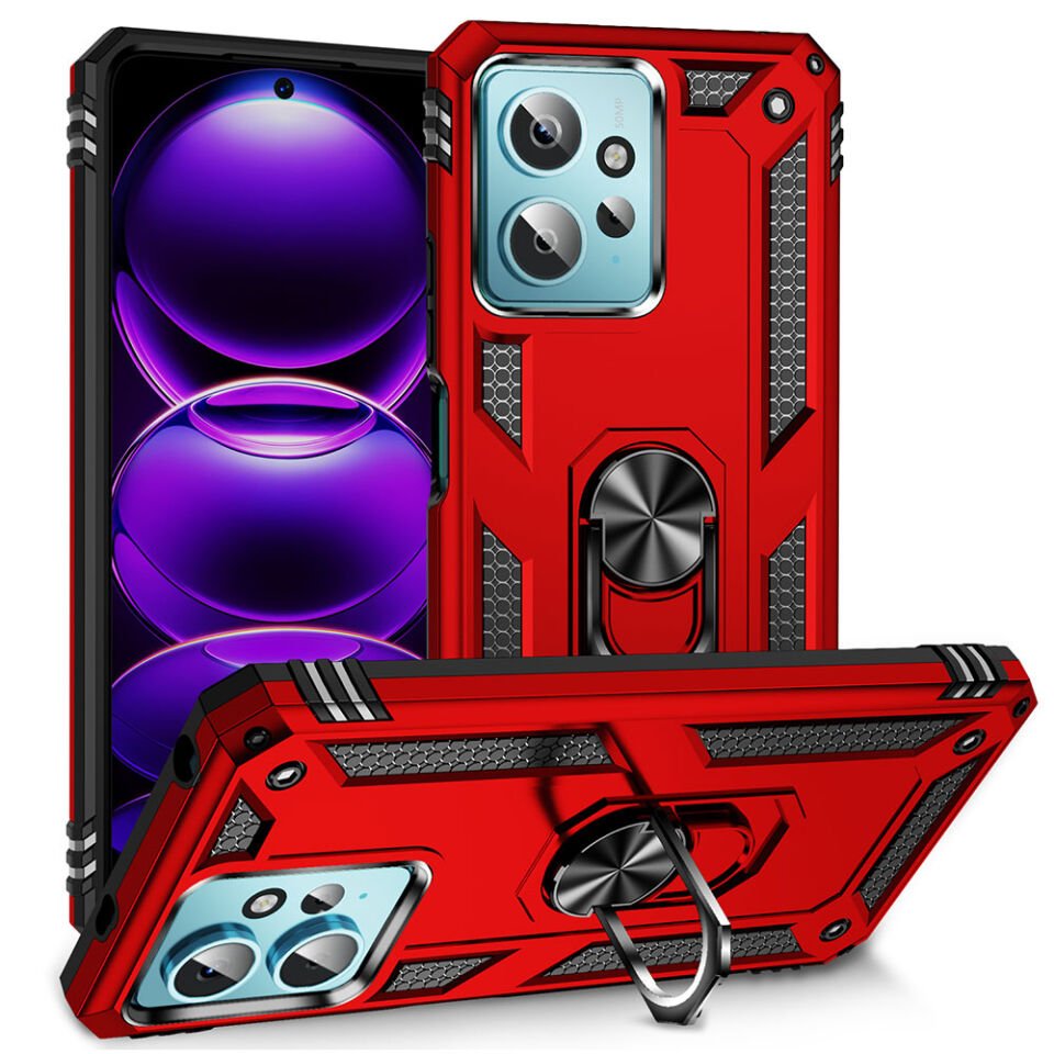 Xiaomi Redmi Note 12 4G Kılıf Tank Zırh Yüzüklü Mıknatıslı Standlı Kapak (VEGA) Kırmızı