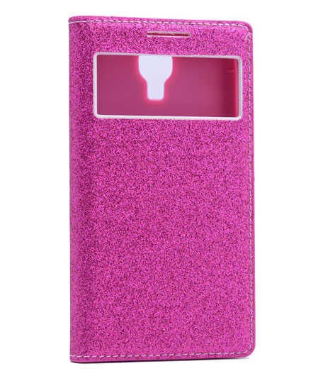 Samsung Galaxy S4 İ9500 Kapaklı Kılıf Simli Mıknatıslı Kapak (DOLCE-SİM) Pembe Koyu
