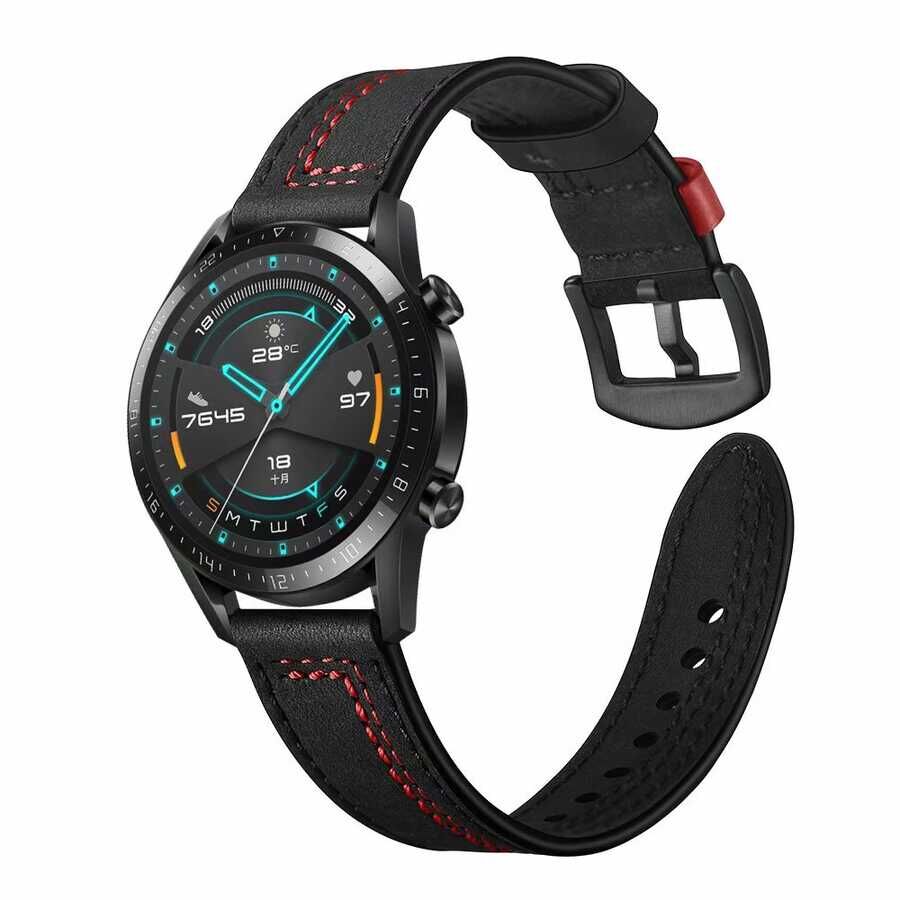 Samsung Galaxy Watch 46mm (22mm) Deri Kordon Metal Tokalı Tasarım (KRD-19) Yeşil