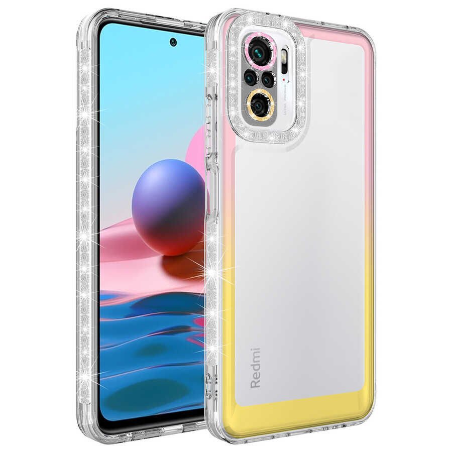 Xiaomi Poco M5S Kılıf Simli Renkli Parlak Kamera Lens Korumalı Transparan Kapak (Park) Pembe-Sarı