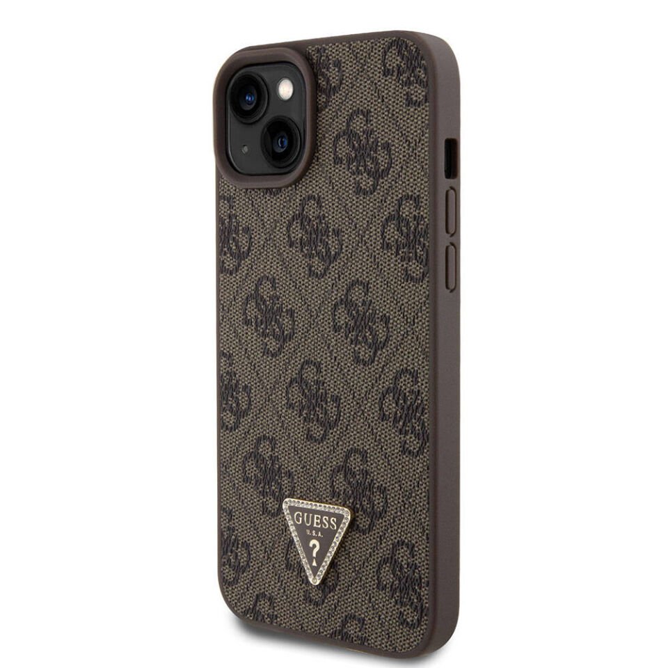 Apple iPhone 15 Plus Kılıf Guess Orjinal Lisanslı PU Deri Askılı Taşlı Üçgen Logo 4G Desenli Strass Crossbody Kapak