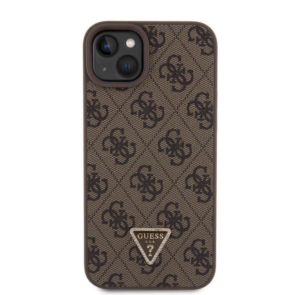 Apple iPhone 15 Plus Kılıf Guess Orjinal Lisanslı PU Deri Askılı Taşlı Üçgen Logo 4G Desenli Strass Crossbody Kapak