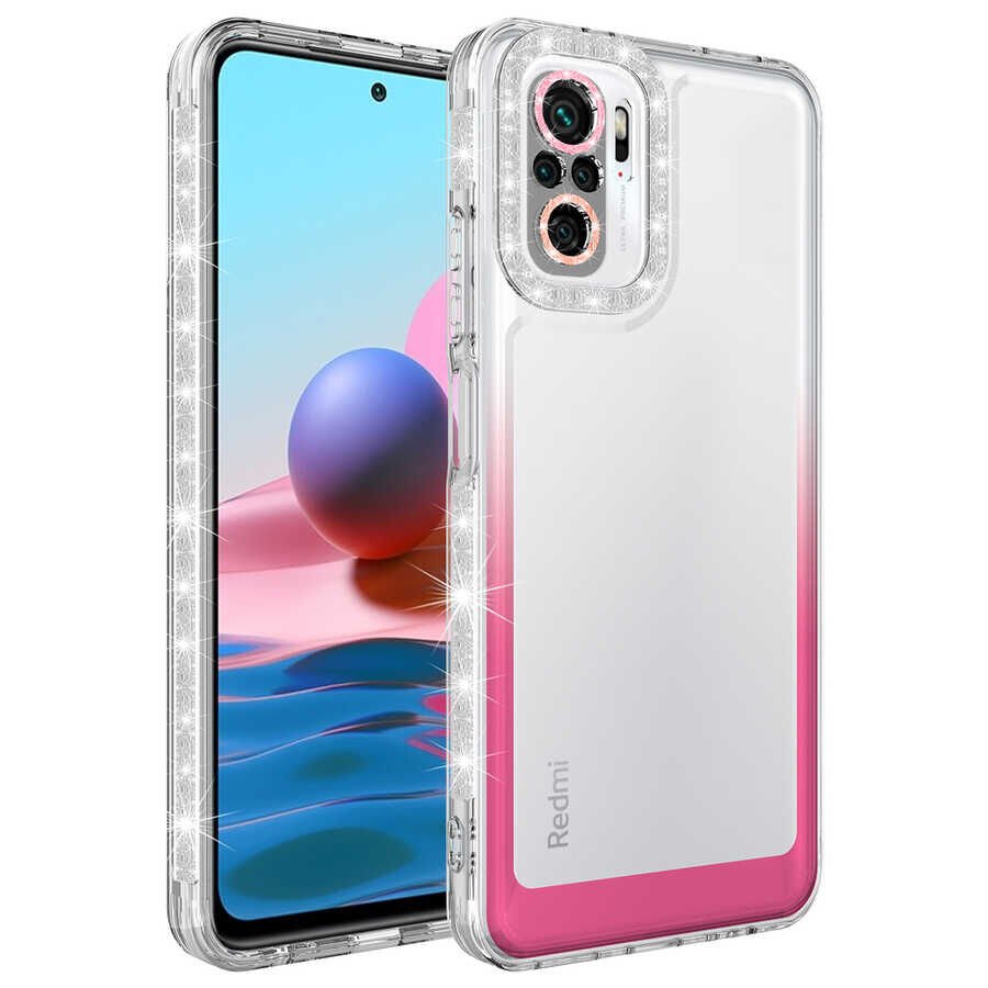 Xiaomi Poco M5S Kılıf Simli Renkli Parlak Kamera Lens Korumalı Transparan Kapak (Park) Beyaz-Pembe