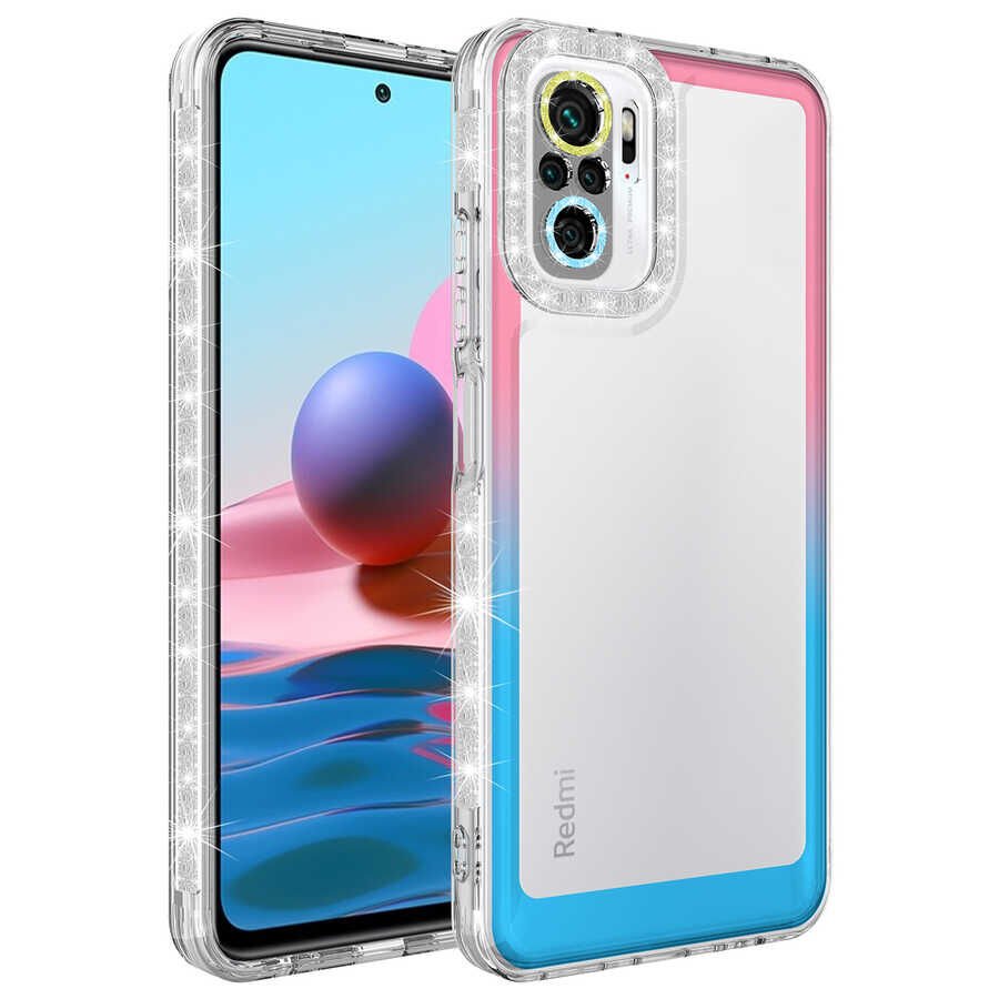 Xiaomi Poco M5S Kılıf Simli Renkli Parlak Kamera Lens Korumalı Transparan Kapak (Park) Pembe-Mavi