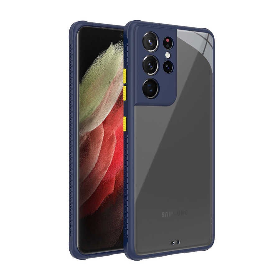 Samsung Galaxy S21 Ultra Kılıf Köşe Ve Kamera Korumalı Arkası Şeffaf Renkli Tuşlu Kapak (KAFF) Lacivert