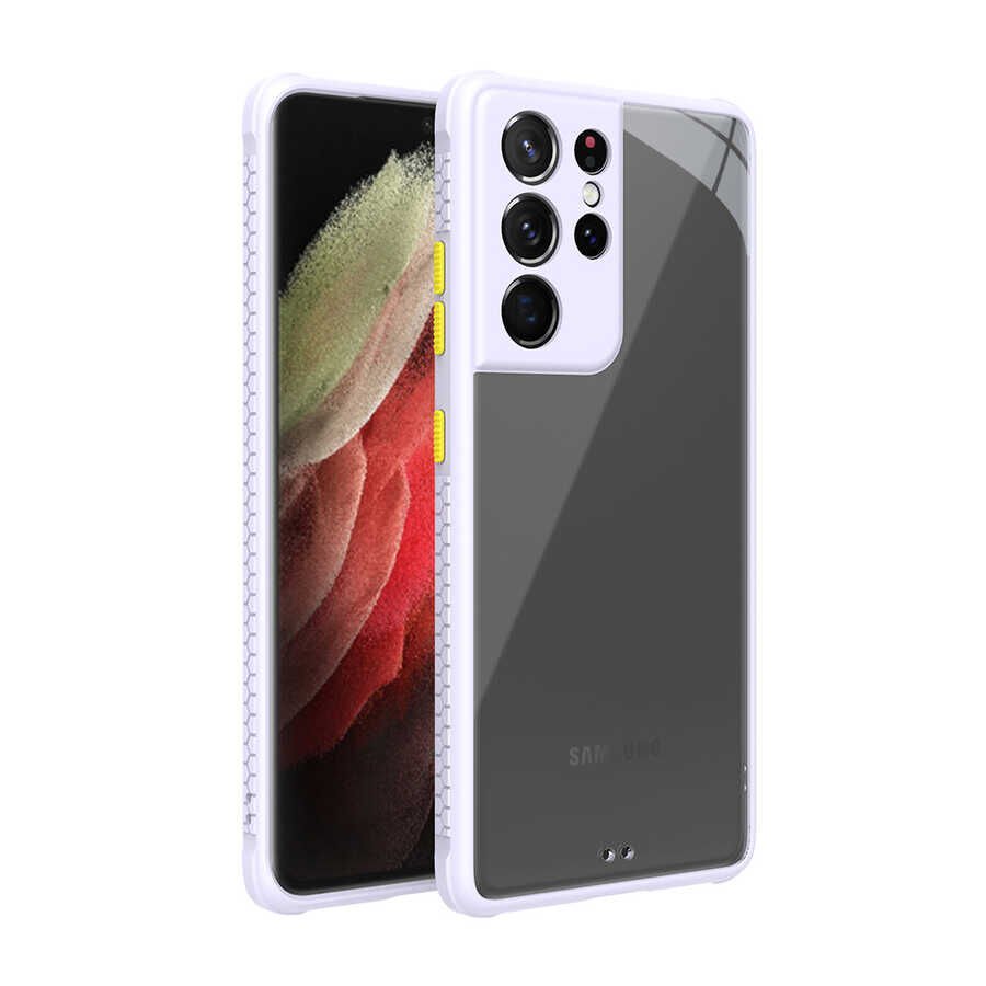 Samsung Galaxy S21 Ultra Kılıf Köşe Ve Kamera Korumalı Arkası Şeffaf Renkli Tuşlu Kapak (KAFF) Mor