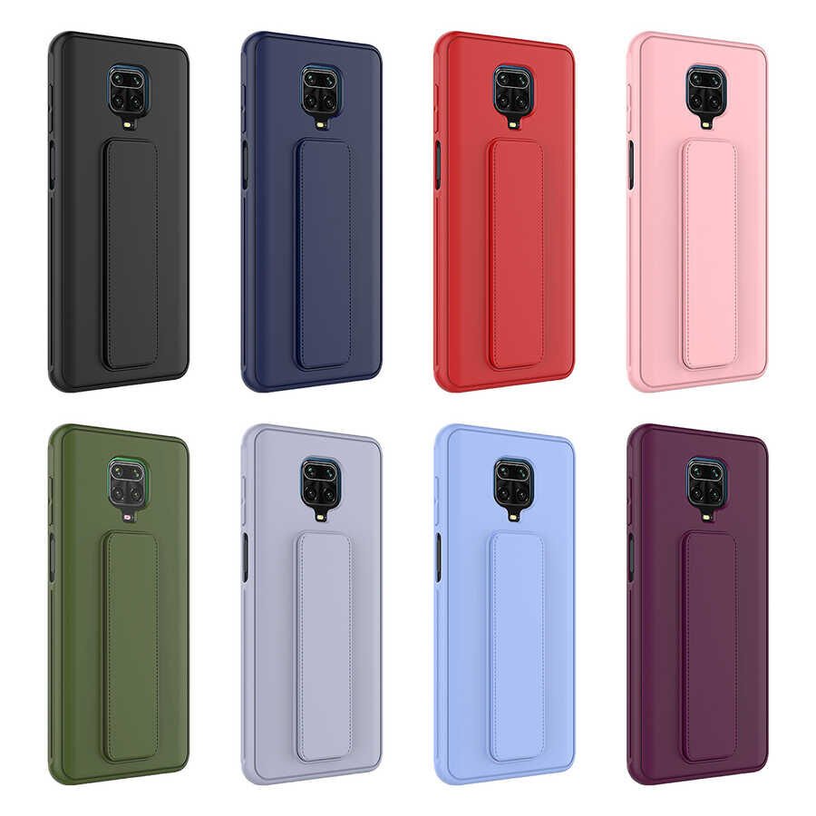 Xiaomi Redmi Note 9S Kılıf Standlı Lansman Yumuşak Dokulu Renkli Esnek Silikon Kapak (QSTAND) Lila