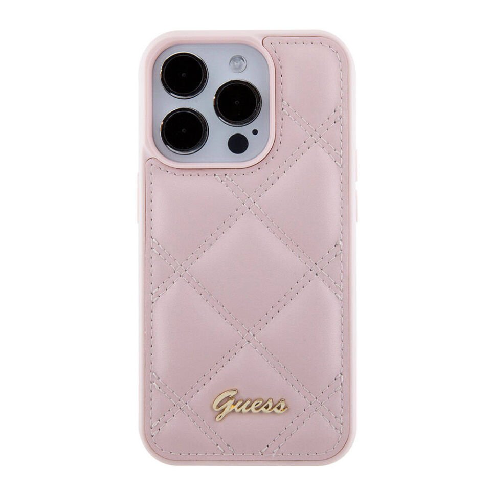 Apple iPhone 15 Pro Max Kılıf Guess Orjinal Lisanslı PU Deri Metal Yazı Logolu Kapitone Kapak