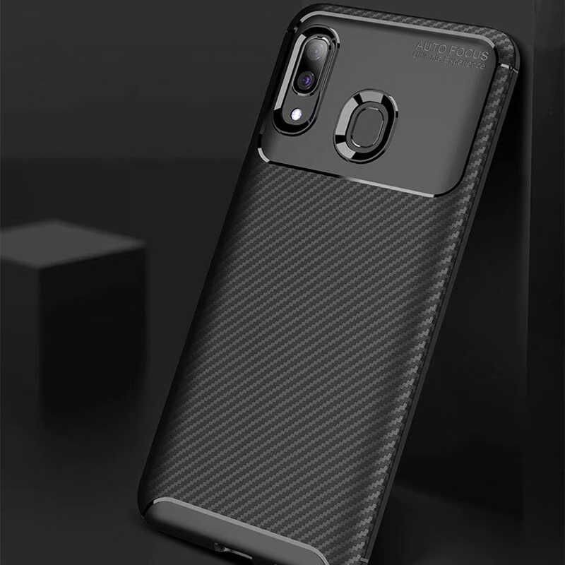 Samsung Galaxy A20 Kılıf Kamera Çıkıntılı Karbon Fiber Dokulu Renk Atmaz Kapak (NEGRO) Lacivert