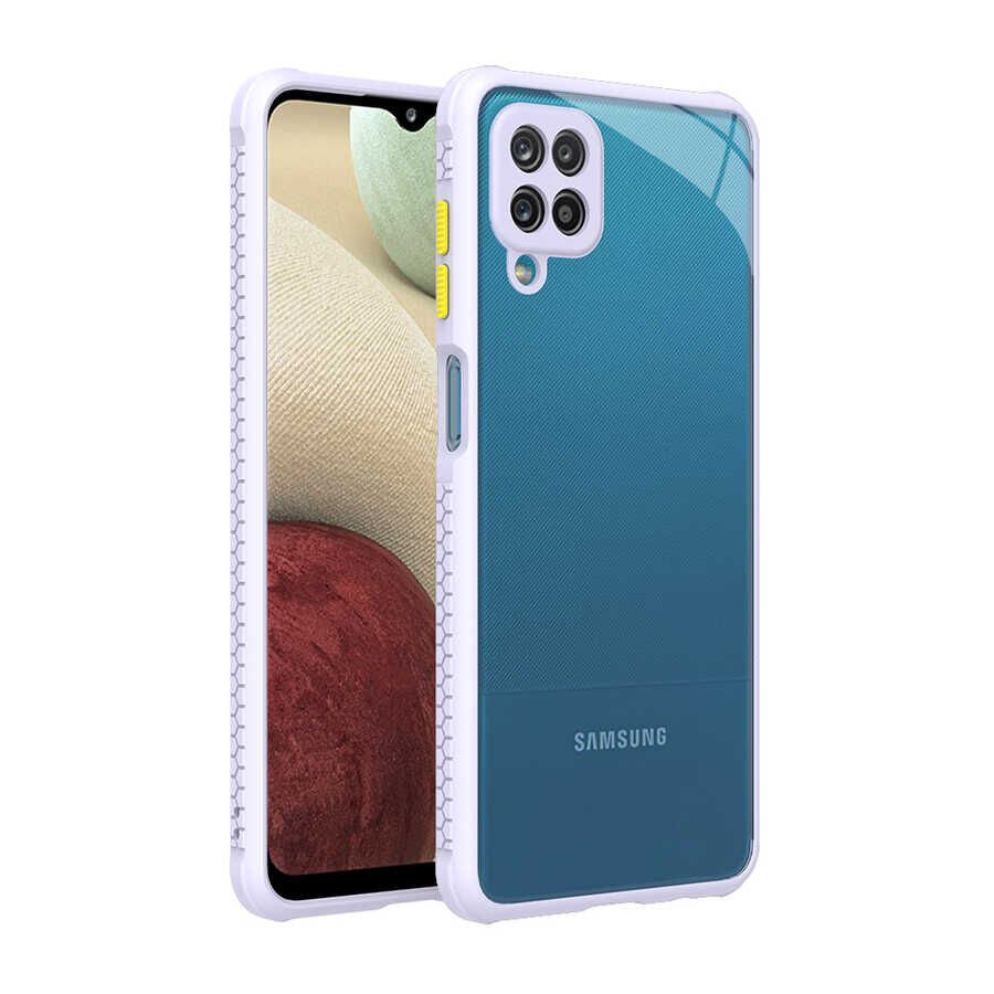 Samsung Galaxy M12 Kılıf Köşe Ve Kamera Korumalı Arkası Şeffaf Renkli Tuşlu Kapak (KAFF) Mor