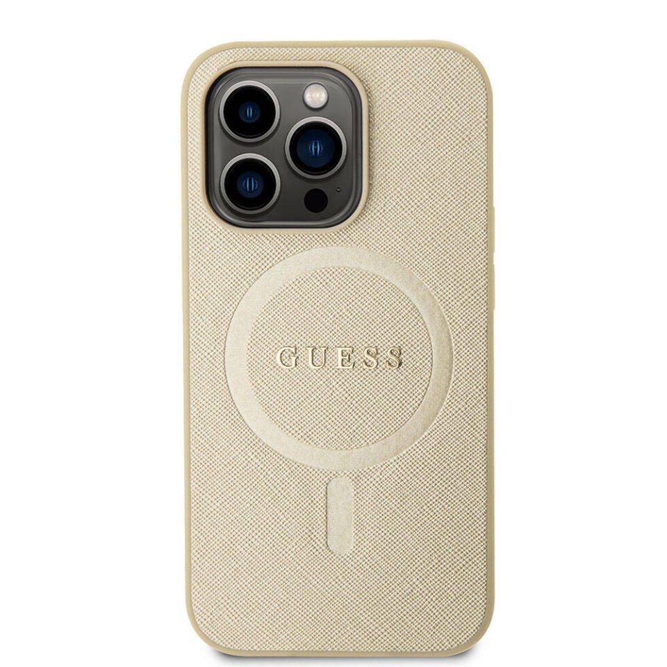 Apple iPhone 15 Pro Kılıf Guess Orjinal Lisanslı Magsafe Şarj Özellikli Yazı Logolu Saffiano Kapak