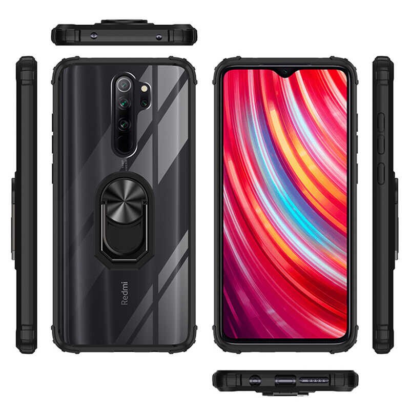 Xiaomi Redmi Note 8 Pro Kılıf Arkası Şeffaf Kenarları Renkli Yüzüklü Tank Kapak (MOLA) Siyah