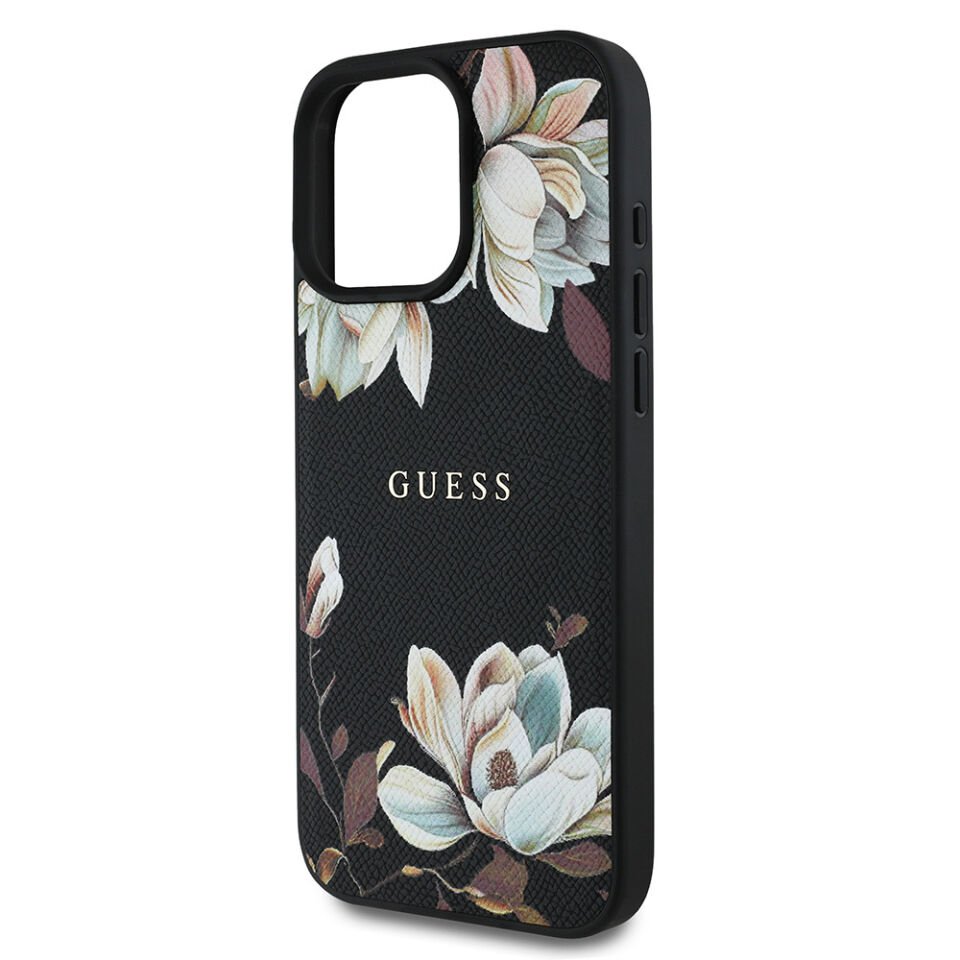 Apple iPhone 15 Pro Max Kılıf Guess Orjinal Lisanslı Magsafe Şarj Özellikli Taneli Çiçek Tasarımlı Metal Yazı Logolu Kapak