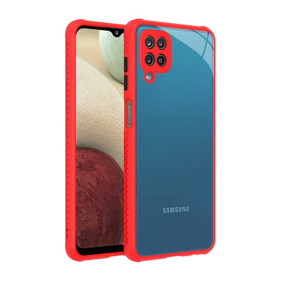 Samsung Galaxy M12 Kılıf Köşe Ve Kamera Korumalı Arkası Şeffaf Renkli Tuşlu Kapak (KAFF) Kırmızı