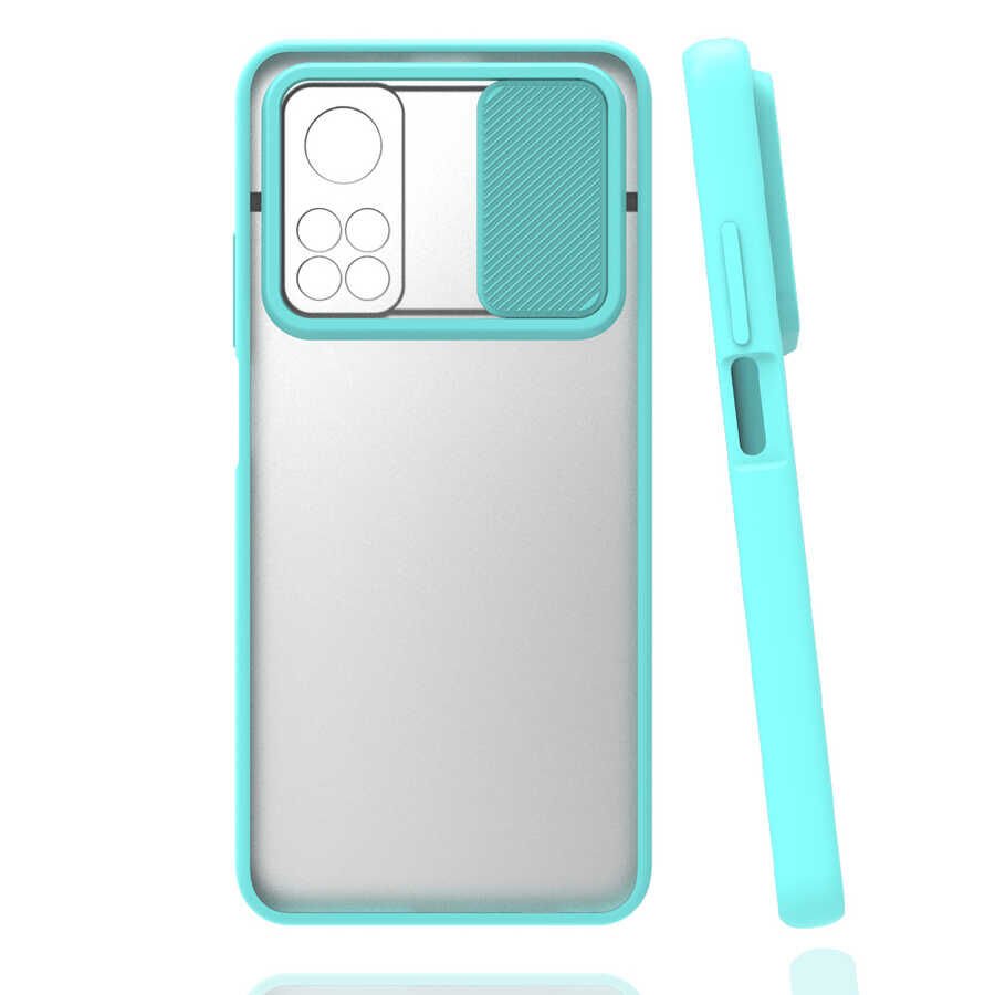 Xiaomi Mi 10T Pro 5G Kılıf Slayt Sürgülü Kamera Korumalı Renkli Silikon Kapak Turkuaz