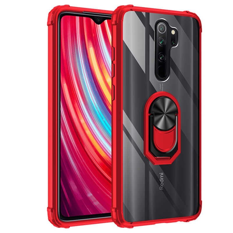 Xiaomi Redmi Note 8 Pro Kılıf Arkası Şeffaf Kenarları Renkli Yüzüklü Tank Kapak (MOLA) Kırmızı