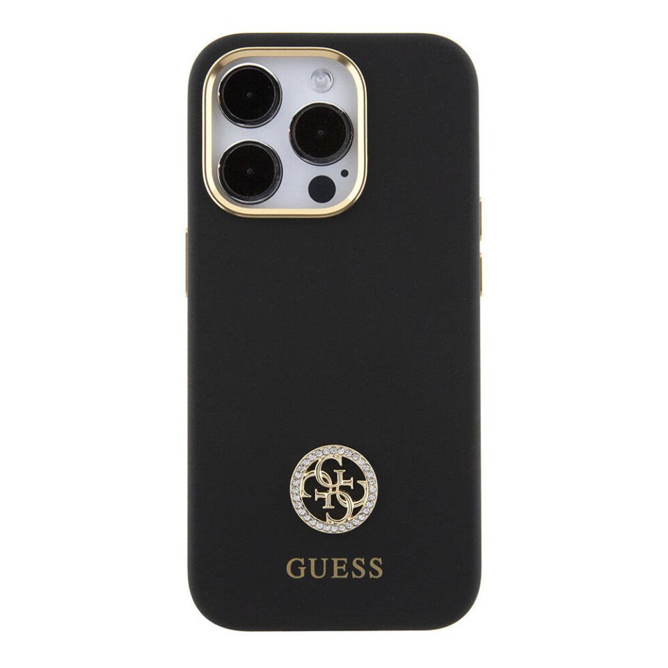 Apple iPhone 15 Pro Kılıf Guess Orjinal Lisanslı Yazı ve Taşlı 4G Logolu Metal Kamera Çerçeveli Silikon Kapak