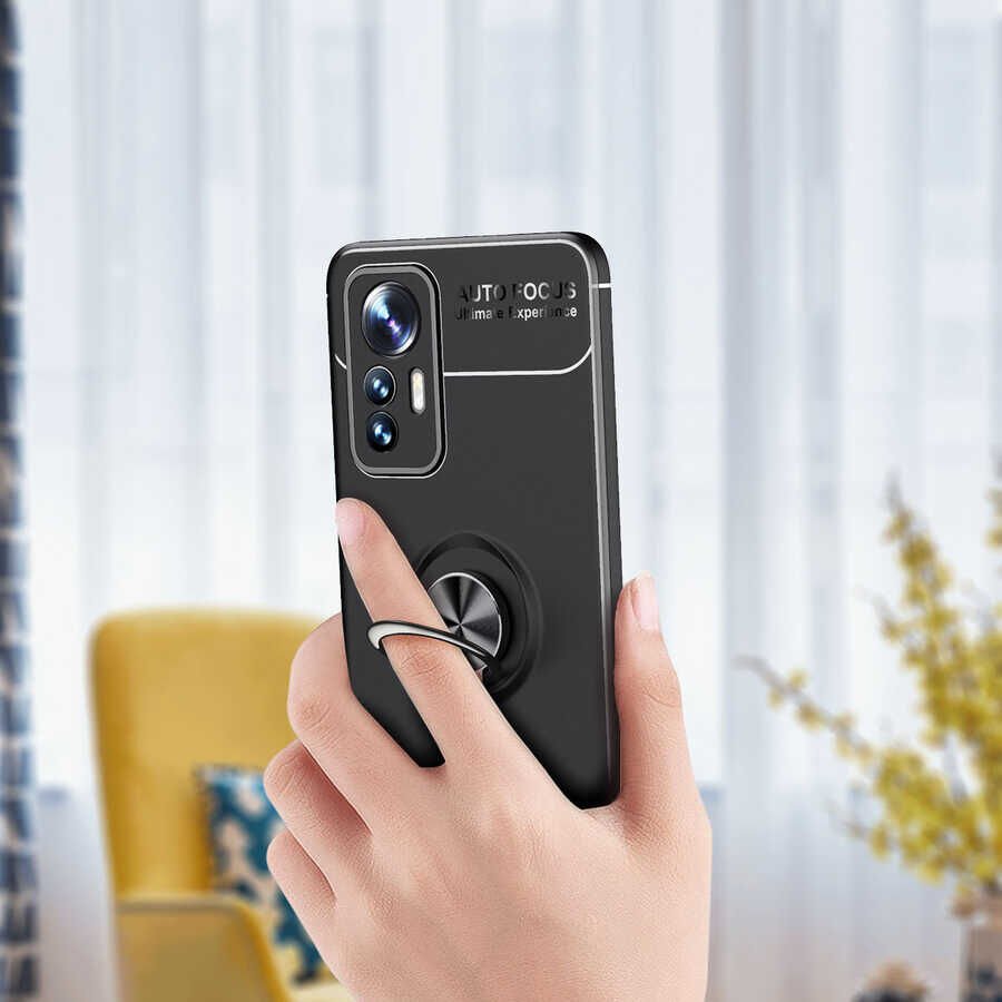 Xiaomi Mi 12 Lite Kılıf Kamera Çıkıntılı Renkli Yüzüklü Standlı Mıknatıslı Kapak (RAVEL) Siyah