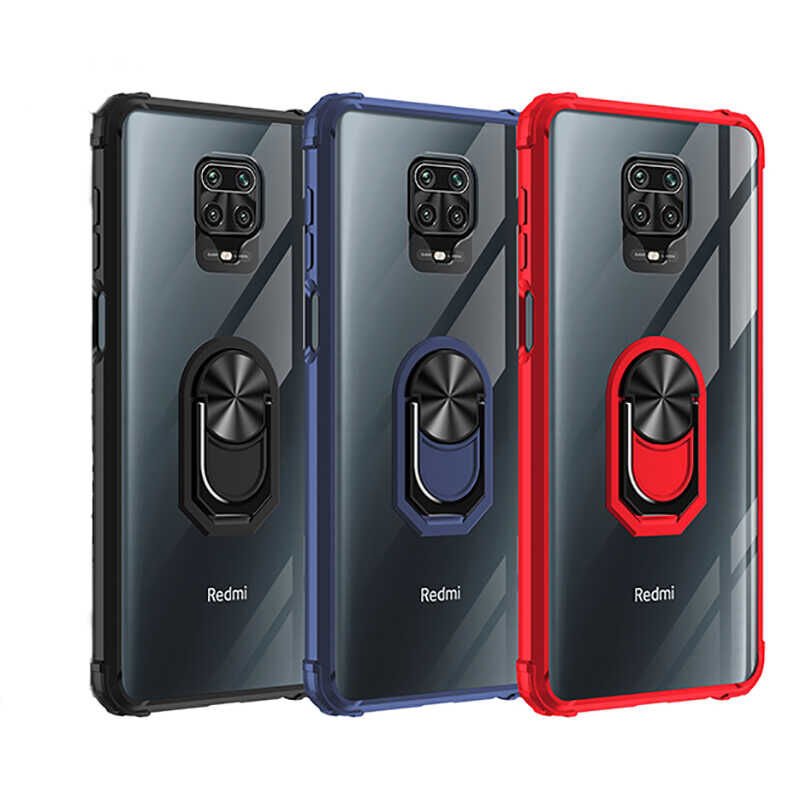 Xiaomi Redmi Note 9S Kılıf Arkası Şeffaf Kenarları Renkli Yüzüklü Tank Kapak (MOLA) Kırmızı