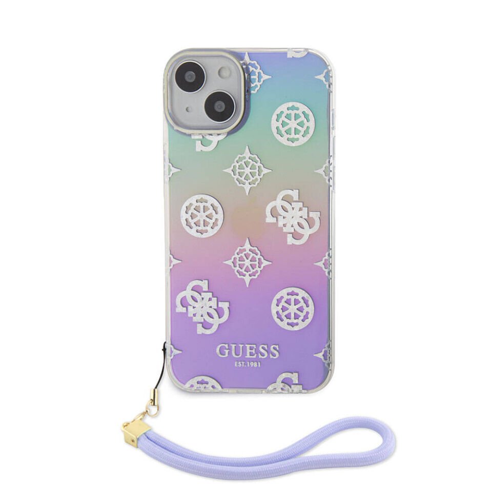 Apple iPhone 15 Plus Kılıf Guess Orjinal Lisanslı Desenli Yazı Logolu Askı İpli Holografik Glitter Peony Kapak