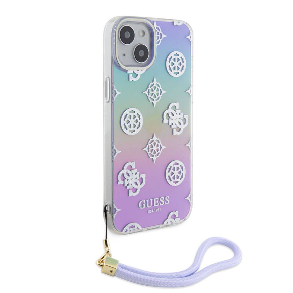 Apple iPhone 15 Plus Kılıf Guess Orjinal Lisanslı Desenli Yazı Logolu Askı İpli Holografik Glitter Peony Kapak