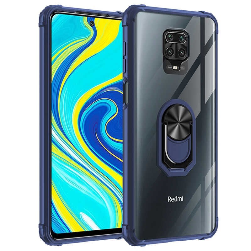 Xiaomi Redmi Note 9S Kılıf Arkası Şeffaf Kenarları Renkli Yüzüklü Tank Kapak (MOLA) Lacivert