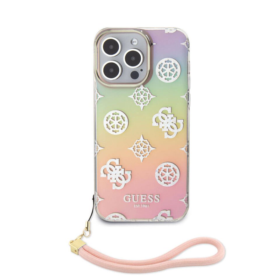 Apple iPhone 15 Pro Kılıf Guess Orjinal Lisanslı Desenli Yazı Logolu Askı İpli Holografik Glitter Peony Kapak