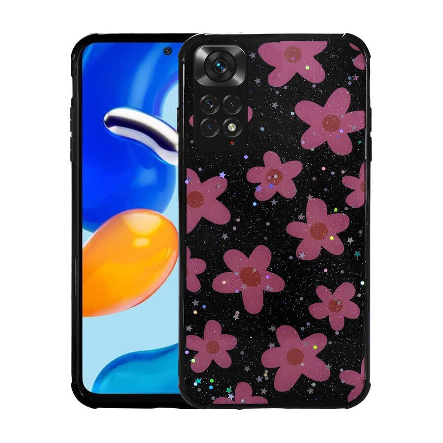 Xiaomi Redmi Note 11S Global Kılıf Simli Desenli Kamera Korumalı Darbe Emici Silikon Kapak (Popy) Çiçek