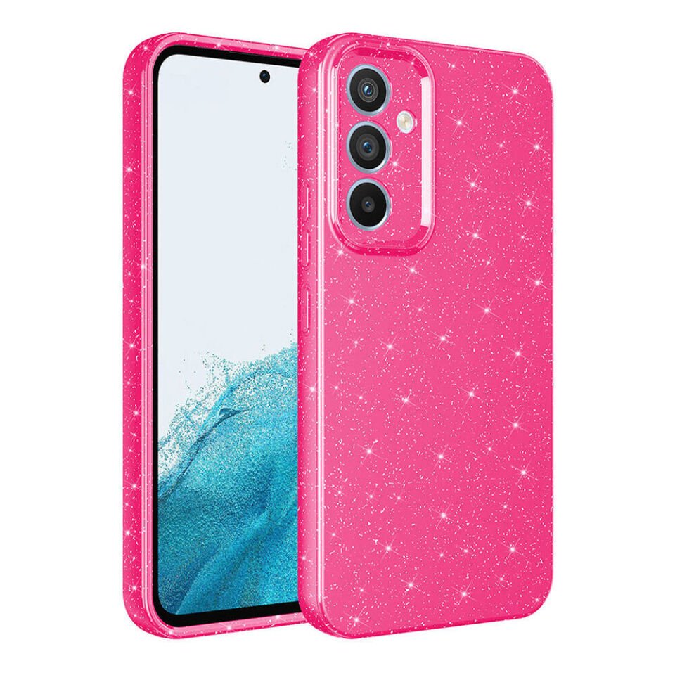 Samsung Galaxy A55 Kılıf Kamera Korumalı Simli Renkli Parlak Silikon Kapak (Koton) Pembe Koyu