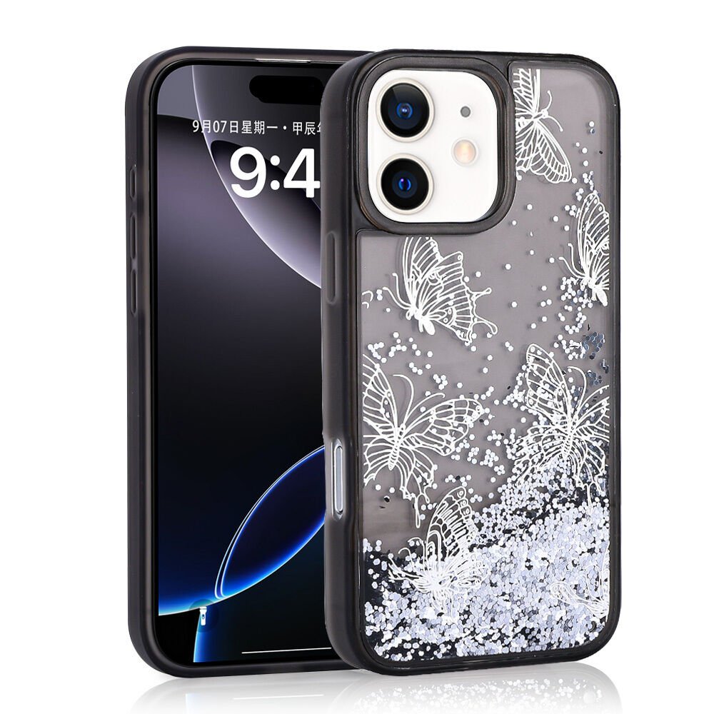 Apple iPhone 11 Kılıf Sıvılı Simli Kelebek Baskılı Şeffaf Arka Yüzey HEPTEKİLETİŞİM Glis Silikon Kapak