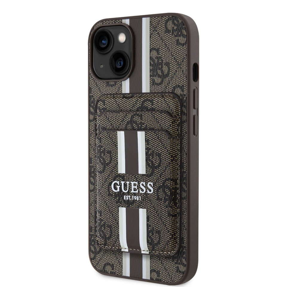 Apple iPhone 15 Kılıf Guess Orjinal Lisanslı Magsafe Şarj Özellikli 4G Desenli Çizgili Kartlıklı Kapak