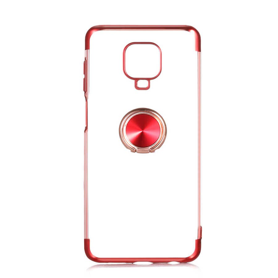 Xiaomi Redmi Note 9S Kılıf Yüzüklü Standlı Silikon Köşeleri Renkli Kapak (GES) Kırmızı