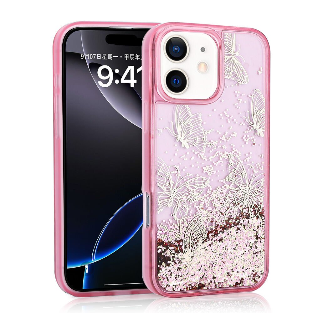 Apple iPhone 12 Kılıf Sıvılı Simli Kelebek Baskılı Şeffaf Arka Yüzey HEPTEKİLETİŞİM Glis Silikon Kapak